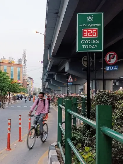 A shot of the digital cycle counter in action, a great innovation for tracking cycling traffic in Bangalore.
