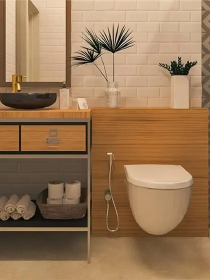 This bathroom mixes several textures, including subway tiles, patterned tiles, and wood. The open-frame vanity adds an industrial touch to the design.