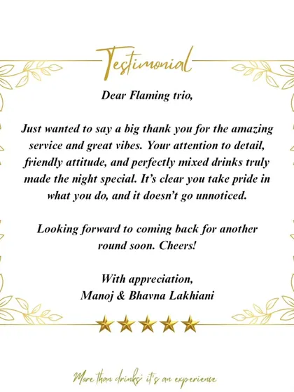 "Your attention to detail, friendly attitude, and perfectly mixed drinks truly made the night special." Feedback like this from our clients is our greatest achievement and motivates our commitment to exceptional service.