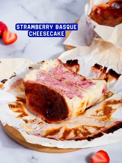 My Strawberry Basque Cheesecake has that signature burnt top and a creamy, light center, with the added sweetness of fresh strawberries baked right in.
