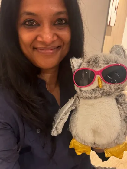 Getting ready for a storytelling session with my special jury member in attendance. I often bring puppets and props to make the stories come alive for the children, creating an engaging and fun experience for them.