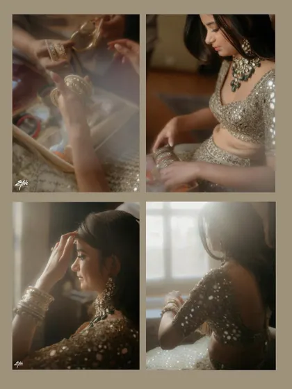 A collage of dreamy, light-filled images showing the bride getting ready. These artistic shots capture the quiet, intimate moments of preparation before the ceremony begins.