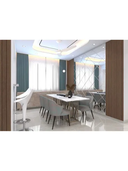 This dining space is defined by its mirrored accent wall, which visually expands the area. The modern dining table and chairs are complemented by a simple bar stool, creating a casual yet chic spot.