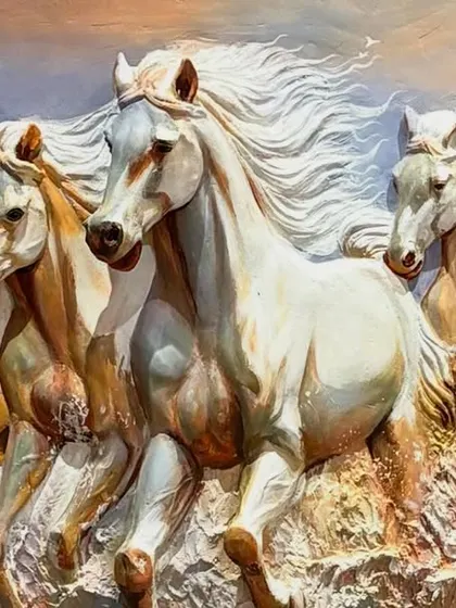 A tight crop on the front group of horses, showcasing the layered 3D relief work that gives the mural its lifelike depth.