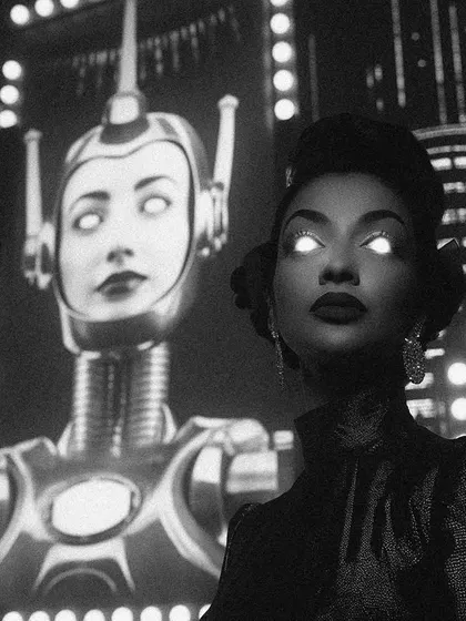 A woman with glowing eyes stands before a giant screen showing a female robot, in the city of 'Bombaytron'. This image explores themes of identity and doppelgangers in a noir setting.