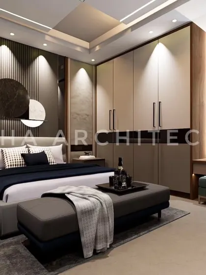 This angle highlights the functional aspects of the bedroom, including the seamless integration of a full-height wardrobe and a dedicated vanity unit. The lighting is strategically placed to illuminate the closet interiors and provide perfect task lighting for the dressing area.