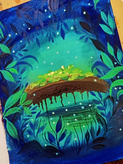 An experimental and magical forest scene painted with gouache. I used shades of blue and green with little white dots to create a firefly effect.