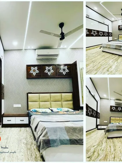 A collage showcasing a modern bedroom design with a white and wood theme, featuring CNC-cut patterns on the wardrobe and overhead cabinets.