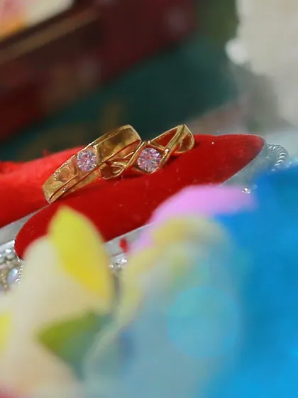 A macro shot of a pair of matching engagement rings.