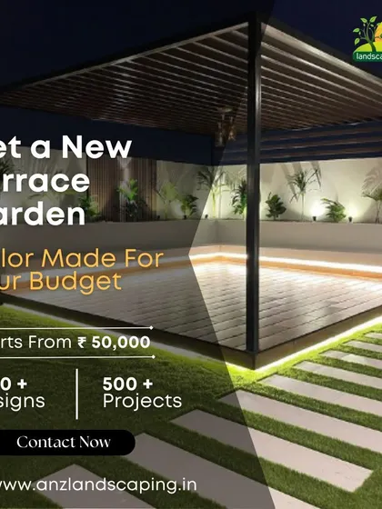 An identical graphic showing a sleek terrace design, reinforcing our offer of affordable, tailor-made garden solutions.