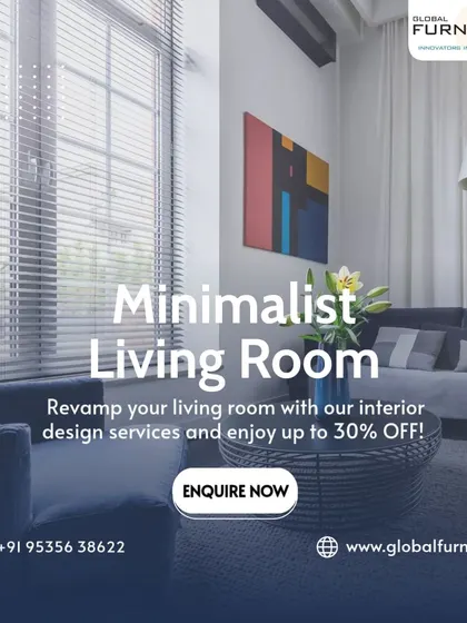 An offer to revamp your living room with our minimalist interior design services, with a special discount available.