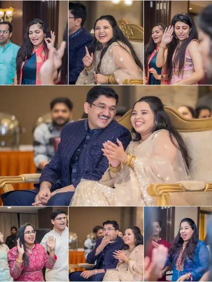 A collage filled with the smiling and laughing faces of the couple and their guests enjoying the Sangeet performances.