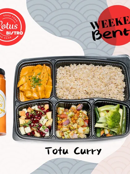 The Tofu Curry Bento is our plant-based, vegan-friendly option. This meal includes flavorful tofu curry, healthy brown rice, steamed vegetables, and two types of fresh salad for a wholesome experience.