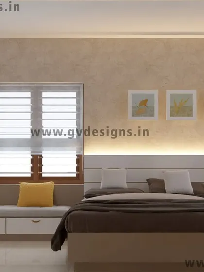 This modern master bedroom layout makes excellent use of a long wall by integrating a bed, a study table, and a bay seating area with storage underneath. The muted color palette and strip lighting under the headboard create a warm and relaxed ambiance.