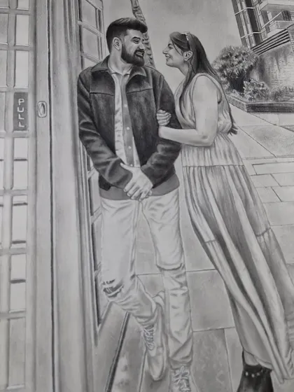 A full-length couple portrait, capturing a romantic moment. My sketches can include backgrounds and full figures to tell a bigger story.