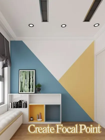 A geometric color block design in blue and yellow creates a strong focal point in this room, defining the space with sharp, clean lines.