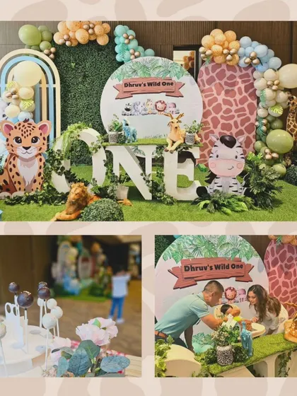 This collage showcases the 'Wild One' jungle-themed first birthday I planned for footballer Sunil Chhetri's son. It includes a custom backdrop with animal cutouts, a 'ONE' sign, and themed cake pops.