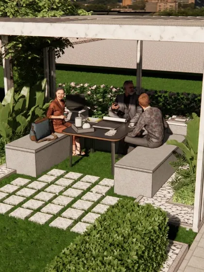A 3D design render of a proposed outdoor seating area, complete with a pergola, built-in benches, and integrated planters. This visual represents the crucial planning and design phase of my process, where I translate client requirements into a functional and detailed plan before execution.