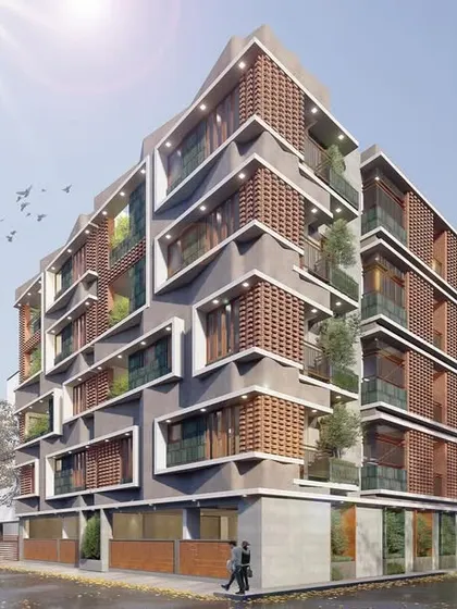An alternate perspective of 'The Concrete Veil' project. This view highlights the interplay of the concrete structure with the warmth of exposed brick and integrated greenery, showcasing a design that is woven into its urban environment.