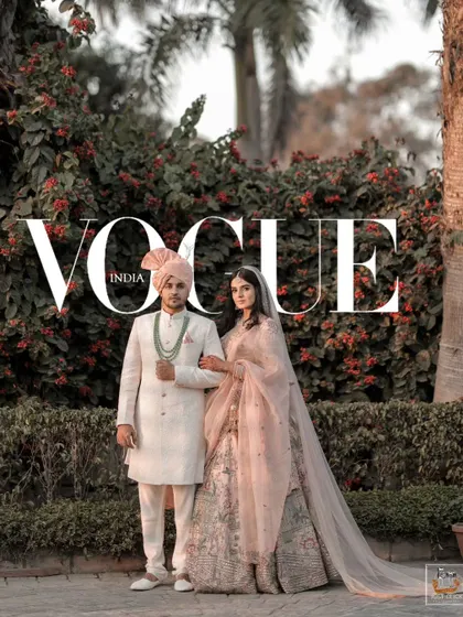 A Vogue-featured portrait of a couple at their elegant daytime wedding in Jaipur.
