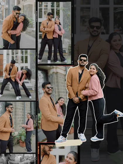 A scrapbook-style collage of a couple's urban photoshoot, with multiple fun and candid moments. This creative layout tells a dynamic story of their day.