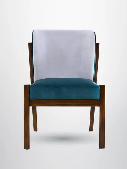 The front view of the mid-mod chair highlights the beautiful contrast between the teal seat and the light grey back.