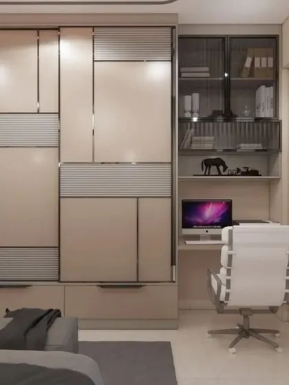 This wide-angle render shows how the peach and grey wardrobe with its integrated workspace fits into the overall bedroom design, creating a cohesive and functional space.