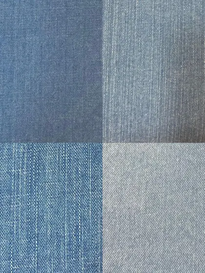 A sample of four light-colored denim fabrics. This shows the range of washes available, from sky blue to vintage-inspired faded tones.