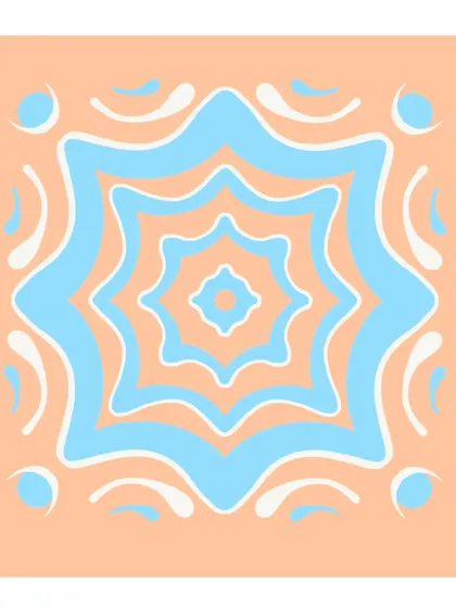 A mini mandala with a star-like shape in soothing peach and sky blue, designed to be a moment of visual peace.