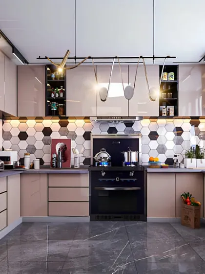 This U-shaped kitchen is full of personality, featuring a hexagonal tiled backsplash in various shades. The track lighting and open shelving add an industrial-chic touch.