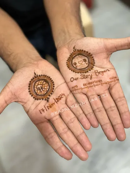A groom's henna that tells the story of their relationship. It includes their wedding date, initials, and a timeline of their journey, starting from the day they met.
