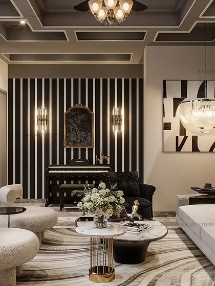 This view highlights the piano nook in the black and grey basement living room. The striped wall paneling and dedicated sconce lighting create a distinct zone for music within the larger space.