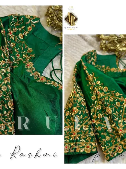 This emerald green blouse, crafted for a client in Hyderabad, features delicate floral vine embroidery climbing up the sleeves. The neckline is kept simple to balance the look.