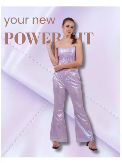 Your new power fit. This iridescent lavender two-piece set is futuristic, fun, and guaranteed to turn heads.