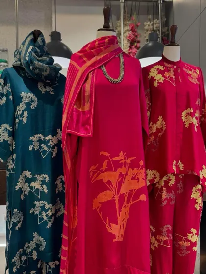 A wider view of the printed silk collection, showing a coordinated set and two different kurta styles, all in a rich and artistic color palette.