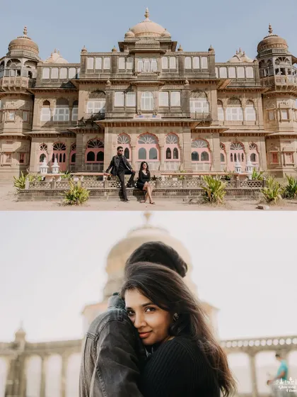 A diptych from the Vijay Vilas Palace shoot. The top image showcases the stunning facade of the palace, while the bottom offers an intimate, over-the-shoulder portrait, combining architectural grandeur with personal connection.