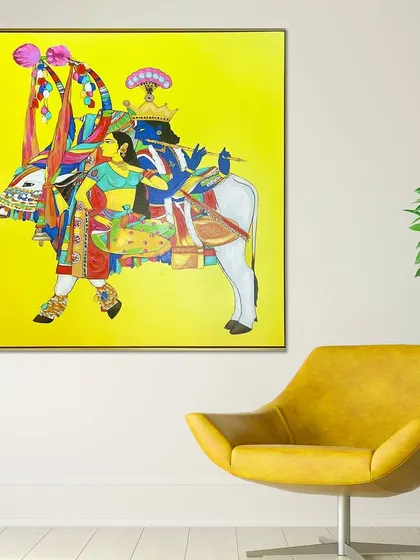 This hand-painted wall art depicts Lord Krishna with a sacred bull against a vibrant yellow background. The traditional art style and bright, joyful colors make it a stunning piece of divine decor.