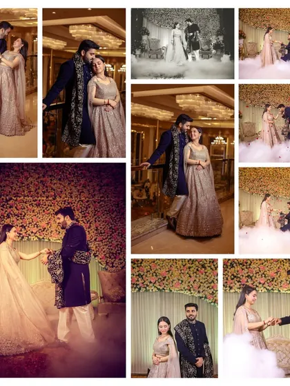 A collage showcasing various moments from an engagement ceremony, from the dramatic proposal to romantic couple portraits.
