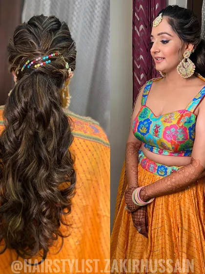 A collage showing a fun and colorful ponytail for a Mehendi ceremony. The style features a braided crown and a multi-colored accessory.