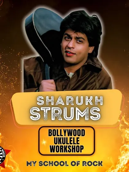 Check out the poster for 'Sharukh Strums,' our Bollywood ukulele workshop dedicated to learning the iconic songs of Shah Rukh Khan.