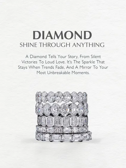 Shine through anything. A diamond tells your story, from silent victories to loud love. This stack of custom eternity bands, featuring different diamond cuts, is a mirror to your most unbreakable moments, a sparkle that stays when trends fade.