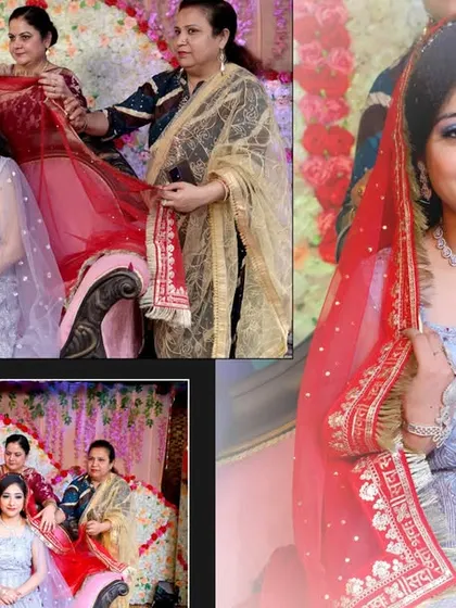 This album layout captures a traditional moment during the engagement ceremony, where the bride is presented with a veil, alongside family portraits.