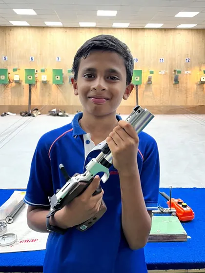 Ashwanth, another promising young shooter from our academy, secured a bronze medal in the Air Pistol Under 14 boys event at an ICSE competition.