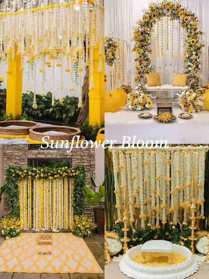 Ideas for a 'Sunflower Bloom' theme. This classic and cheerful theme for a Haldi ceremony uses sunflowers and marigolds in various creative ways.