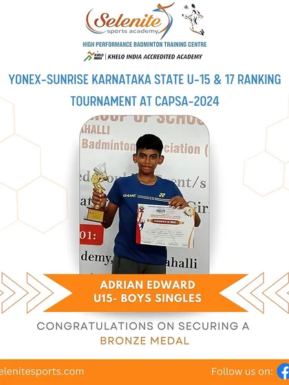 Our medal winners from the Karnataka State Ranking Tournament at CAPSA, including gold for Pavan & Punith and bronze for Adrian, Vamshi, Yadunandan, and Harshavardhan.