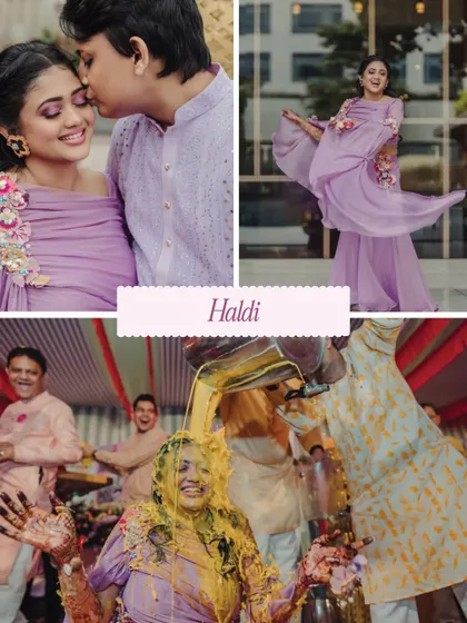 A collage from a Haldi event, showing the bride's pretty lavender outfit before she gets covered in turmeric!