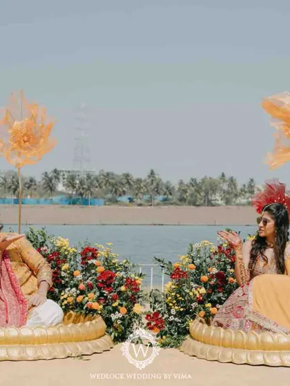 This Haldi ceremony was a burst of color and unforgettable moments. We used vibrant tissue flowers, playful origami birds, and colorful smoke bombs to bring the venue to life.
