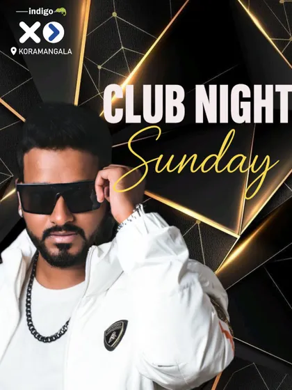 A "Club Night Sunday" poster for Indigo XP, Koramangala. A classy, gold-themed design for a great end to the weekend.