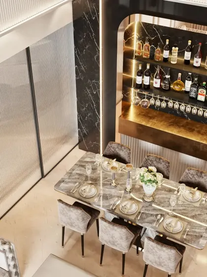 An overhead perspective of a living and dining area, showing the proximity of the dining table to a custom home bar, perfect for visualizing entertainment spaces.