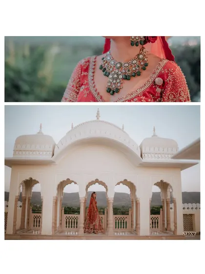 A diptych showing a close-up of the bride's stunning emerald necklace and a wide shot of her on a palace balcony, highlighting both detail and scale.